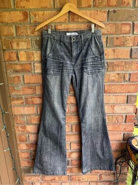 Level 99 Mid Rise Bell Bottom Flared Jeans Distressed Gray Wash 27 Waist Retro